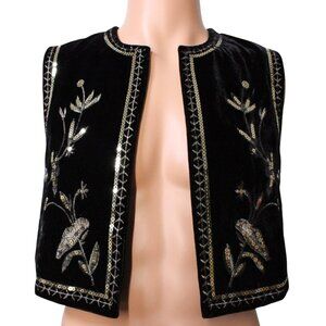 Boho Sequin Embroidered Velvet Vest Womens Large Black Gold Shimmer